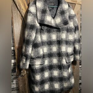 Banana Republic‎ Black White Wool Long Pea Trench Coat Medium Italian Fabric
